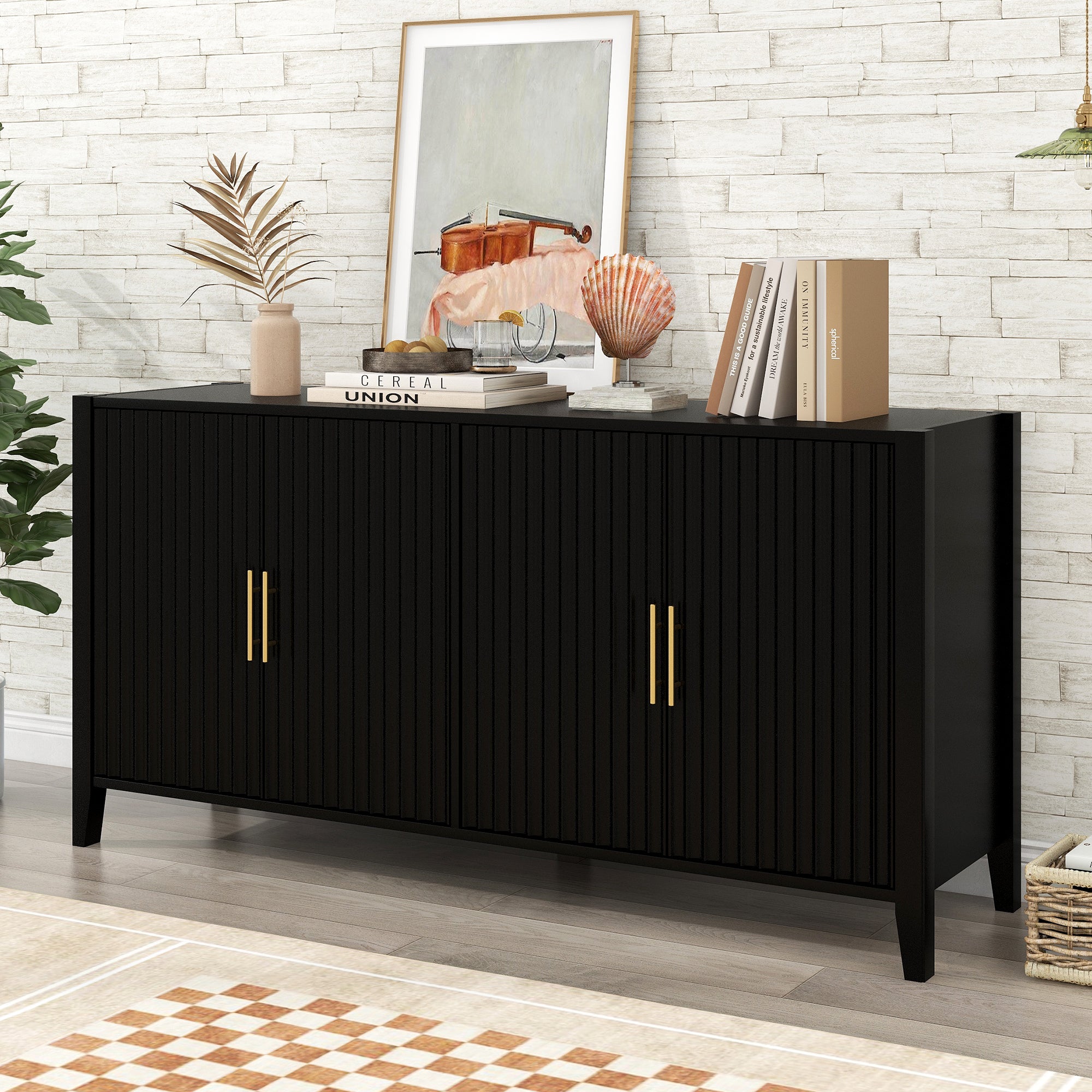 U_Style 61.1'' Modern 4-Vertical Wavy Slatted Doors Sideboard
