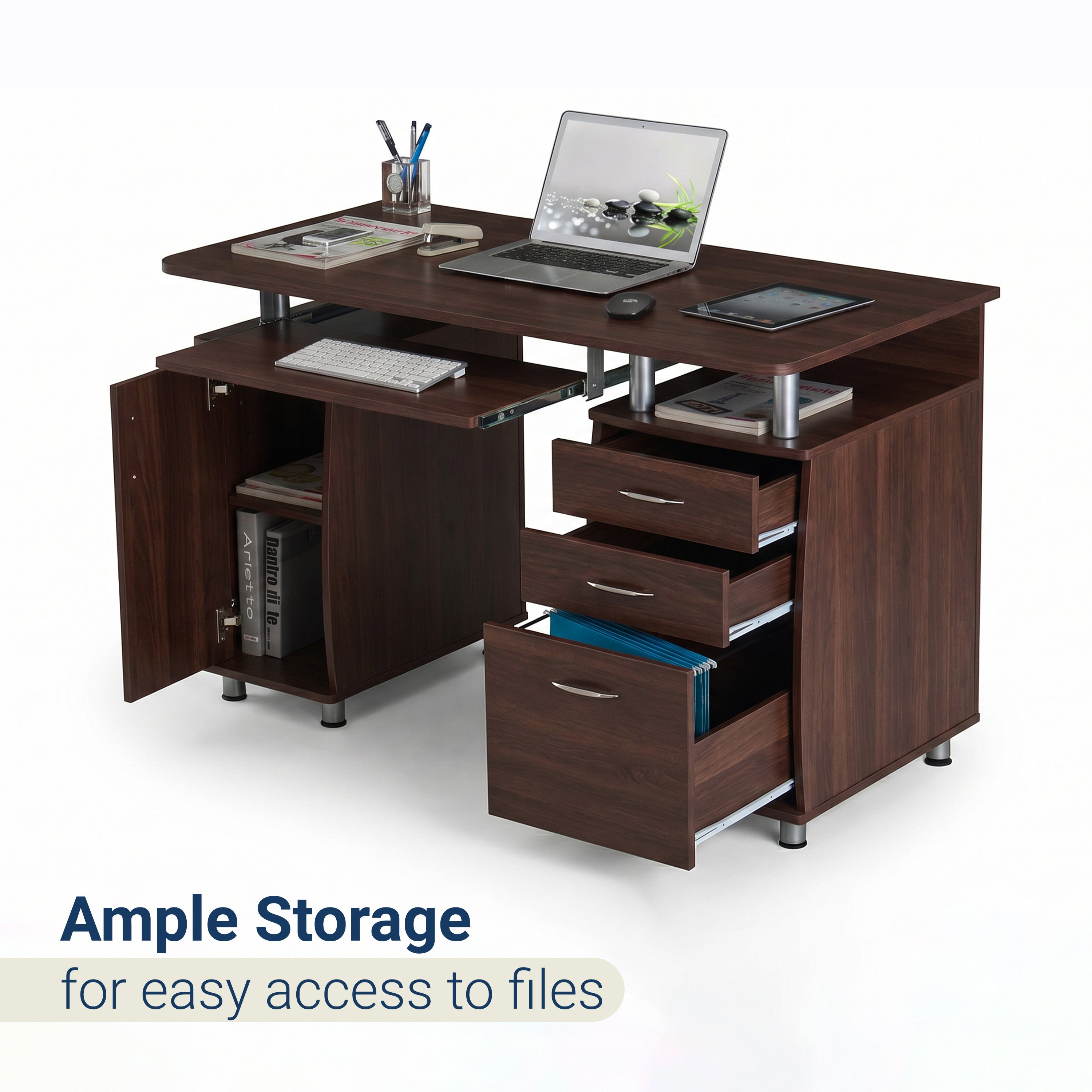 Techni Mobili Complete Workstation Computer Desk with Storage, Chocolate