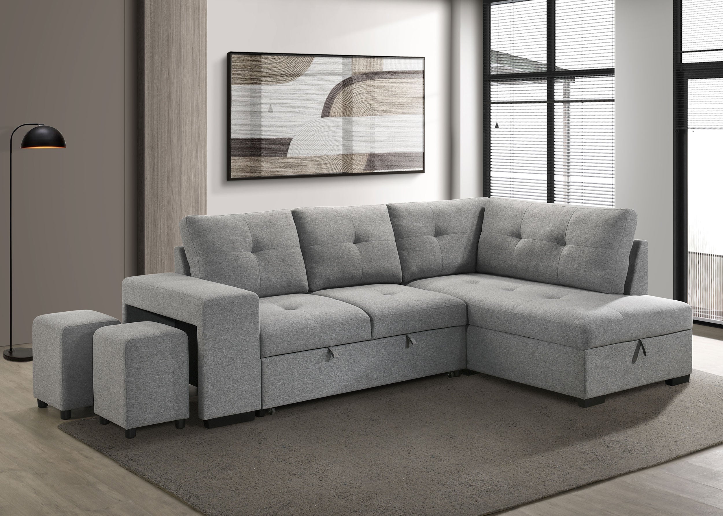 Roanne Fabric Upholstered Sleeper Sectional Sofa Grey-
