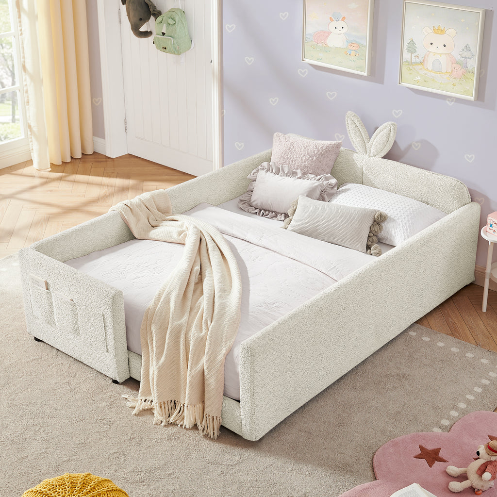 Full Size Upholstered Platform Bed with Cute Rabbit Ear Headboard