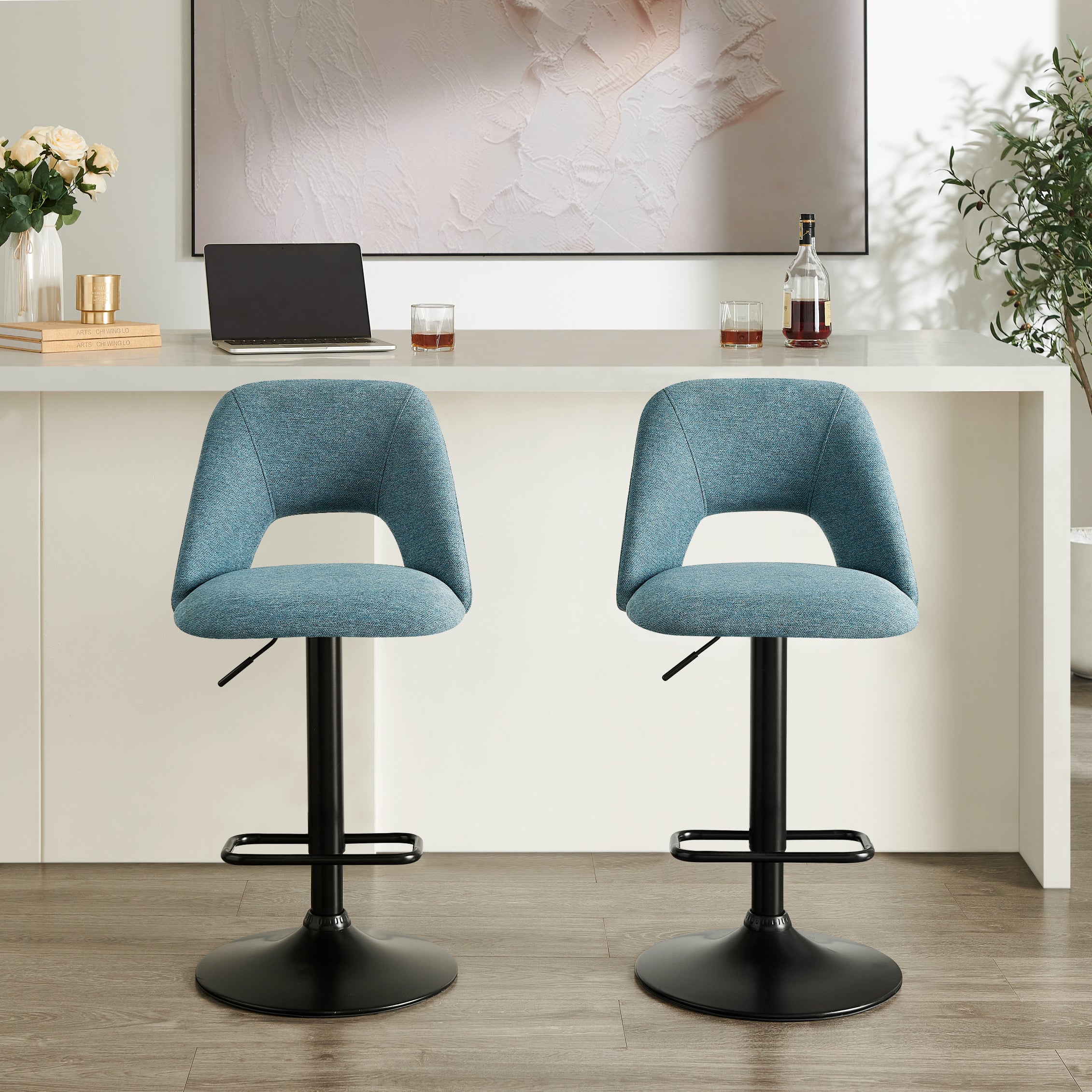 Nuvia Contemporary Adjustable Barstool with Upholstered Swivel Seats, Set of 2