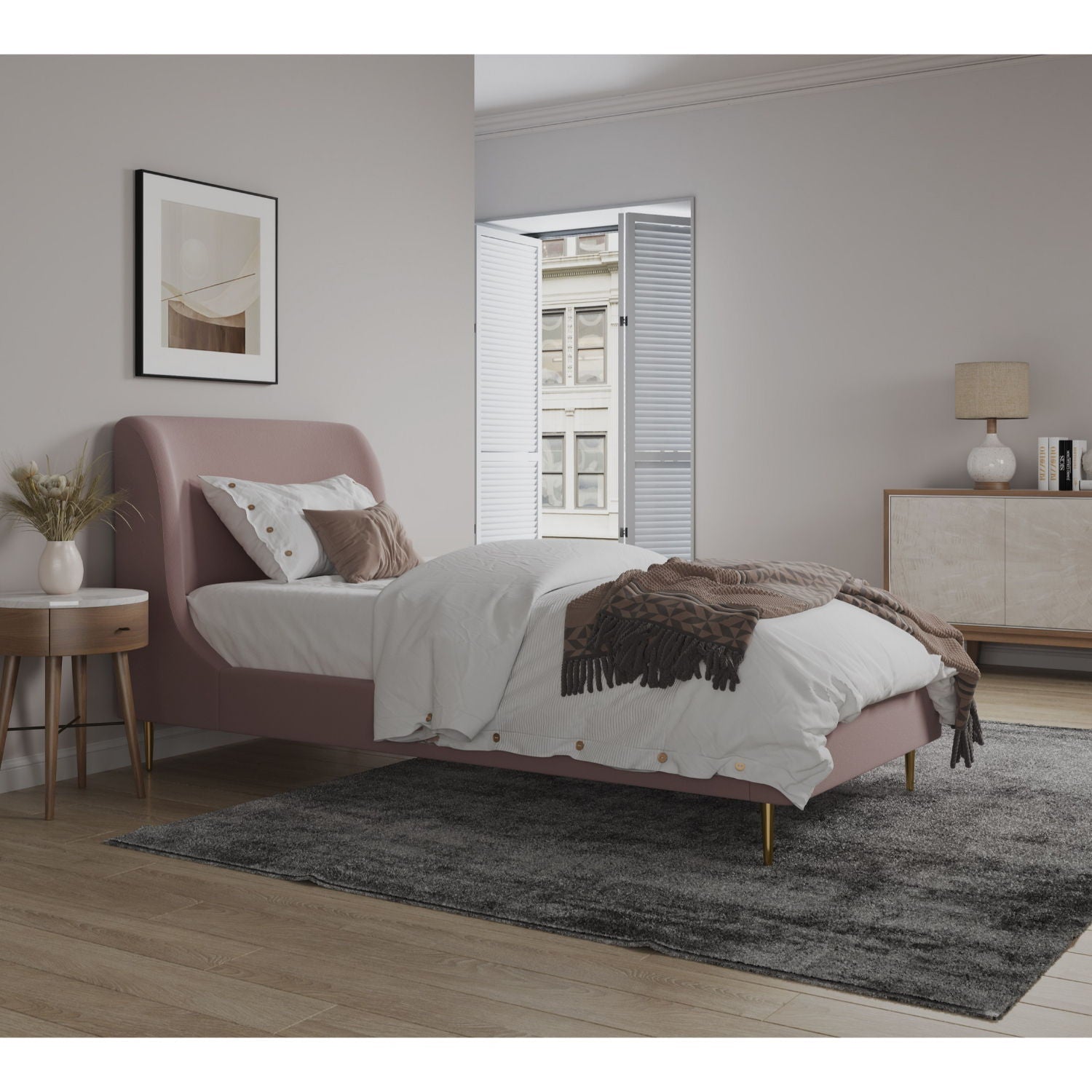 Mid-Century Modern Upholstered Bed With Curved Headboard