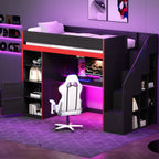 Gaming Loft Bed with Desk and Storage, LED Lights, Twin