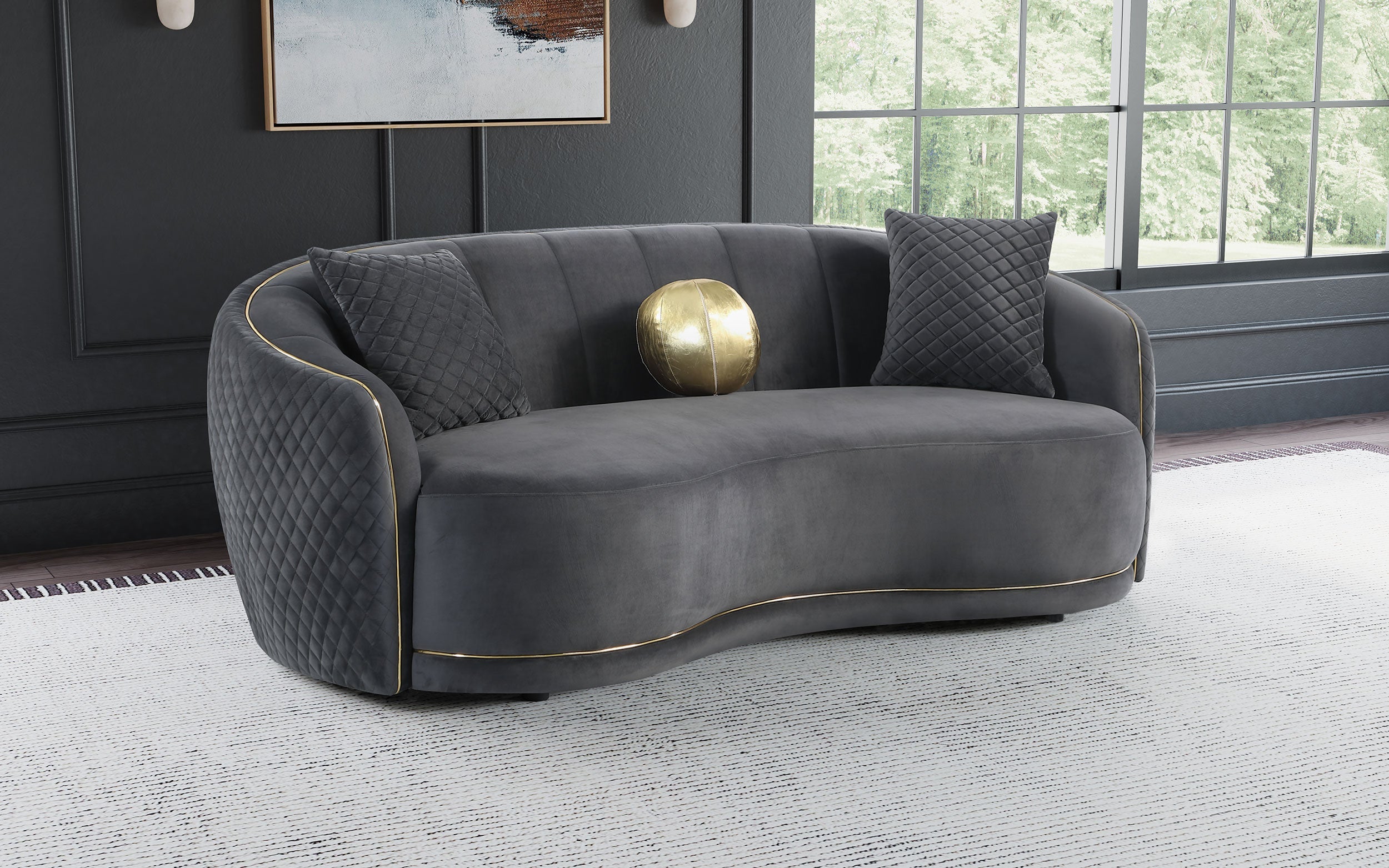 Brookside Velvet Upholstered Curved Sofa Dark Grey-