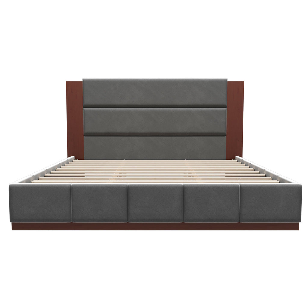 Upholstered Platform Bed Frame with Extended Wood Headboard