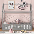 Twin Size Wood House Bed with Fence and Door - Gray