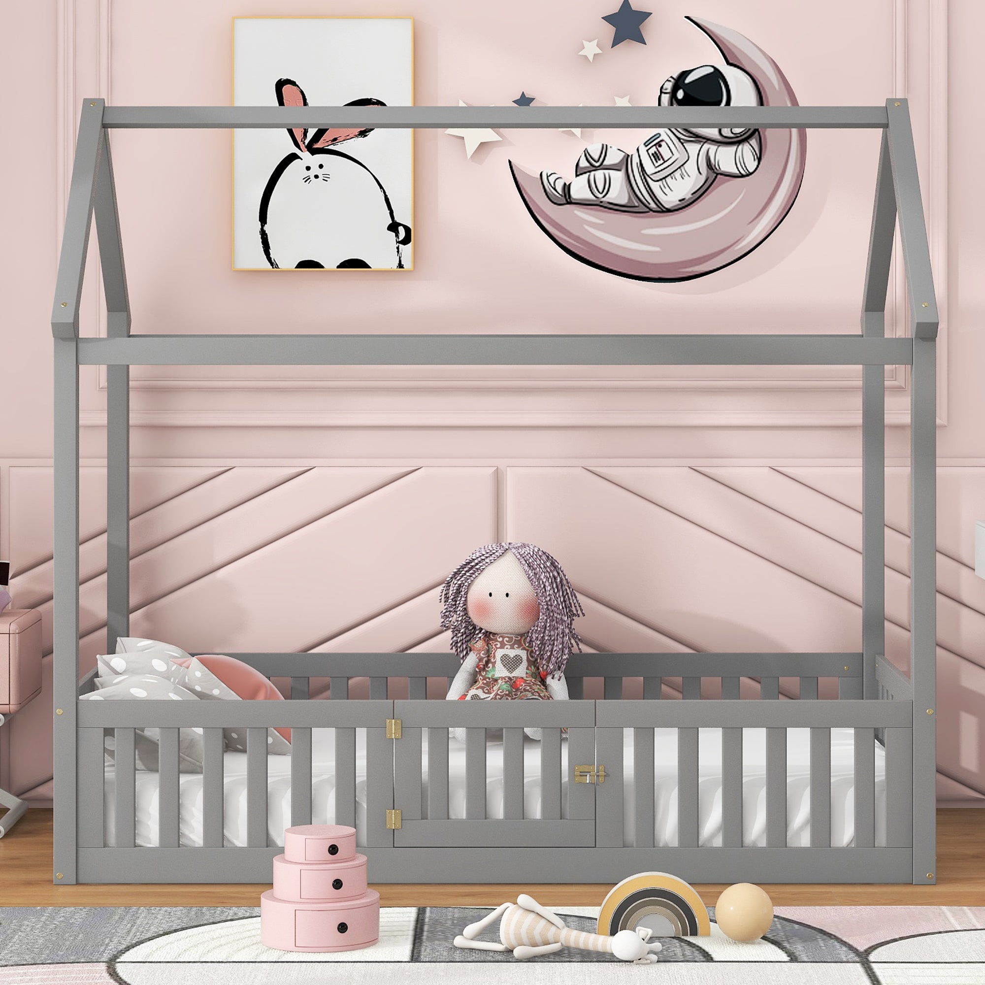 Twin Size Wood House Bed with Fence and Door - Gray