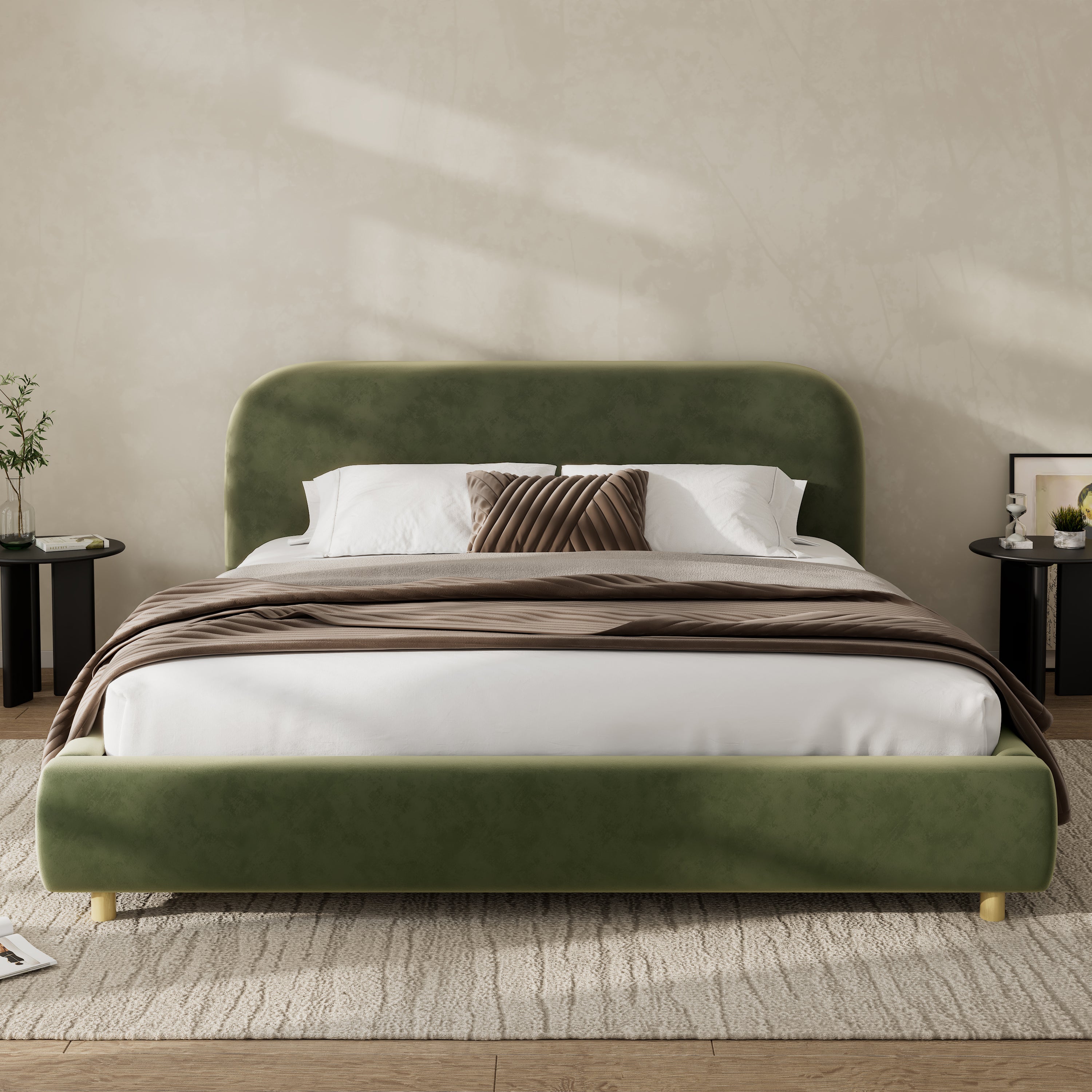 King Size Platform Bed with Velvet Fabric and Curved Headboard