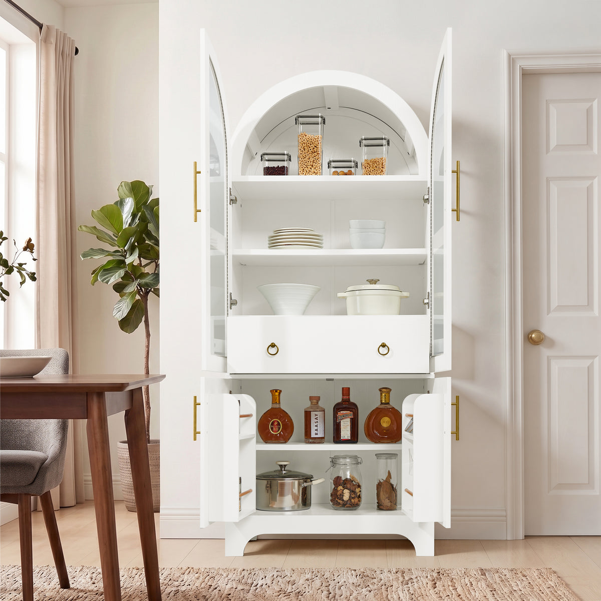 77-Inch Arched Kitchen Cabinet with Glass Doors and Hidden Drawer, White