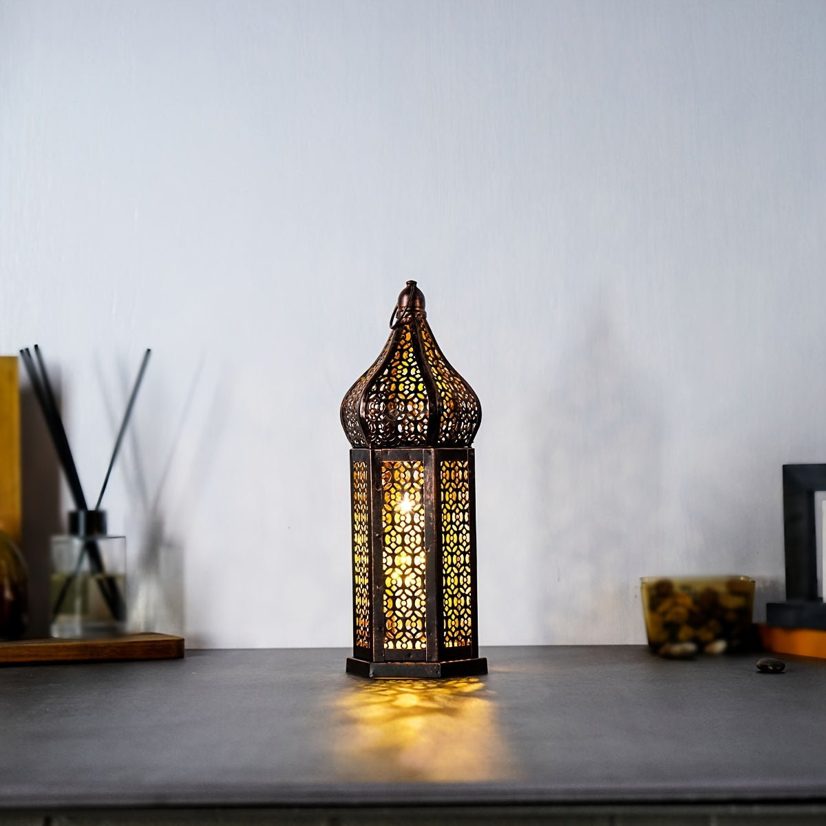 Moroccan LED Lantern Rustic Vintage Metal Table Lamp for Home Decor Boho Style