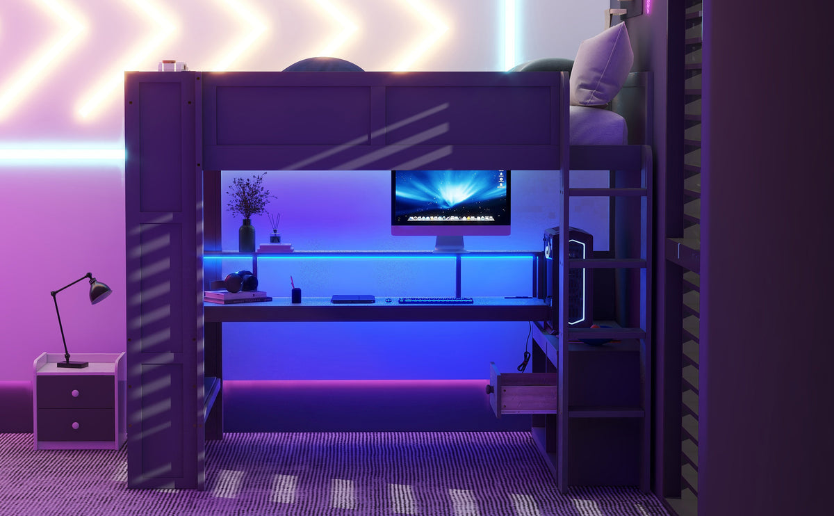 Wood Full Size Gaming Loft Bed with Desk, Storage Shelves, and LED Lighting