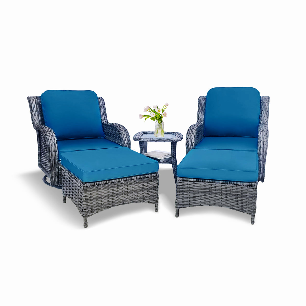 5-Piece Wicker Patio Sectional Set with Swivel Rockers, Ottomans, and Side Table