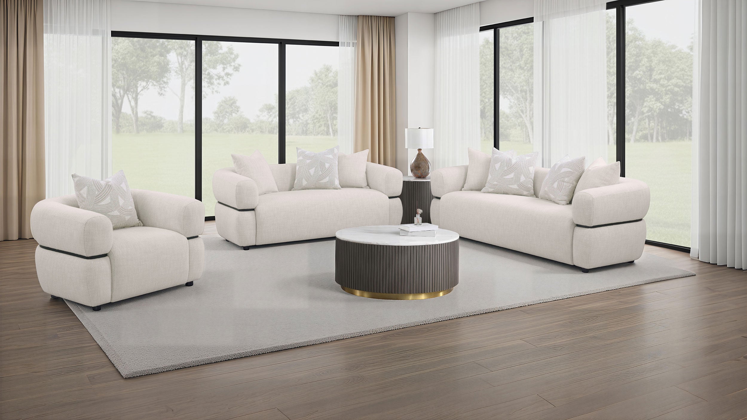 Jeanette 84-inch Fabric Upholstered Round Arm Sofa Beige-