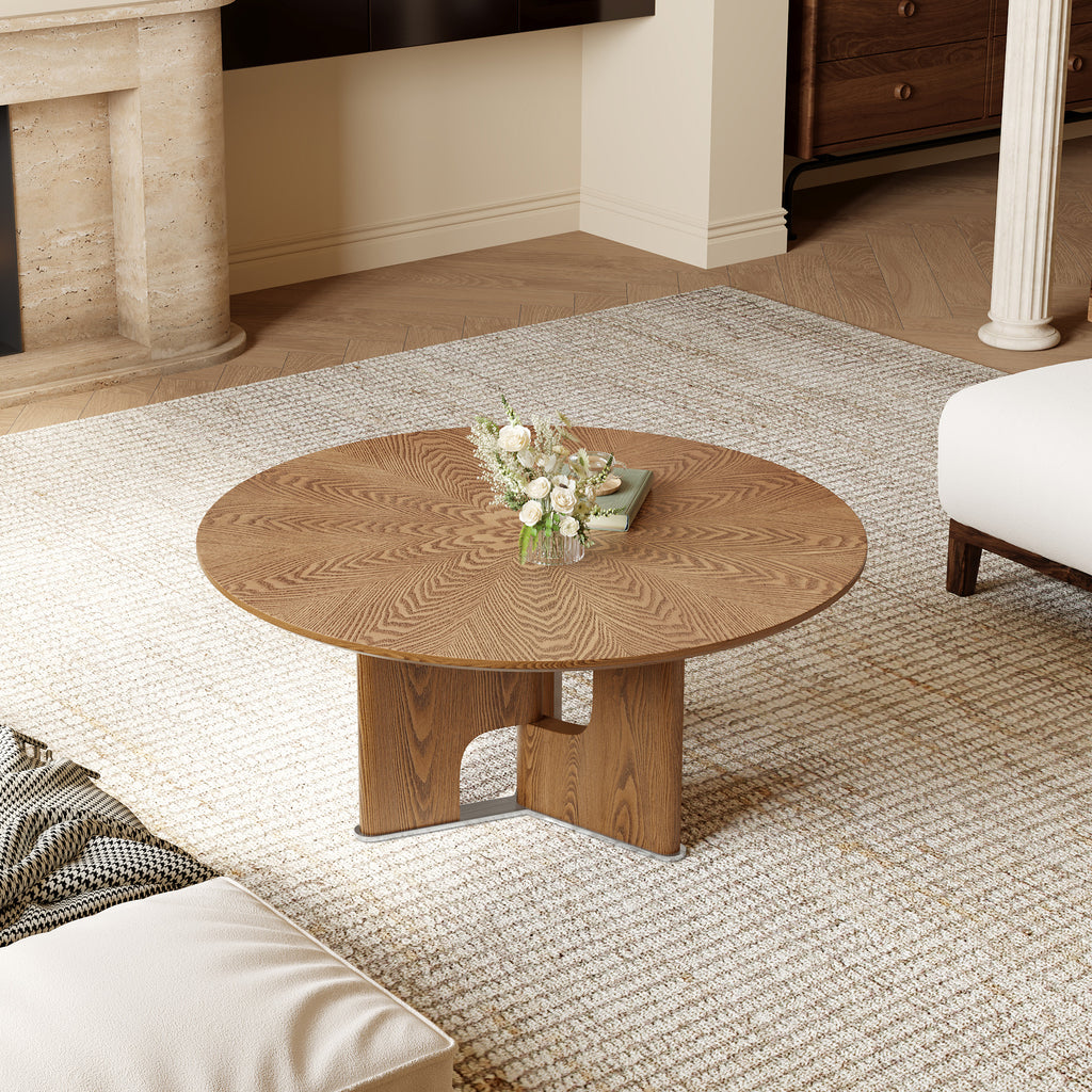 31.5 Inches Round Rustic Ash Wood Veneer Coffee Table