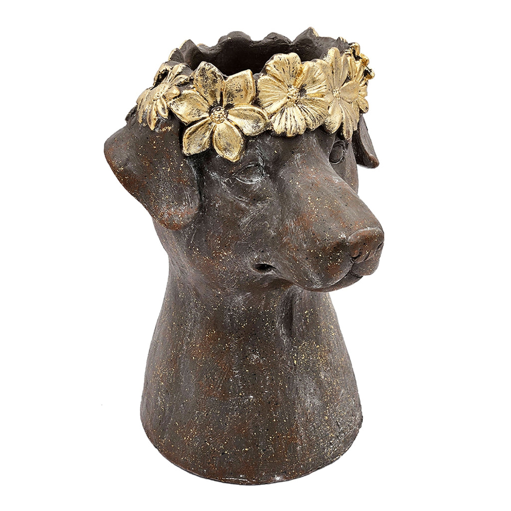 Magnesium Dog Statue Planter, 9.3 x 13 Inches, Brown with Gold Leaf Crown
