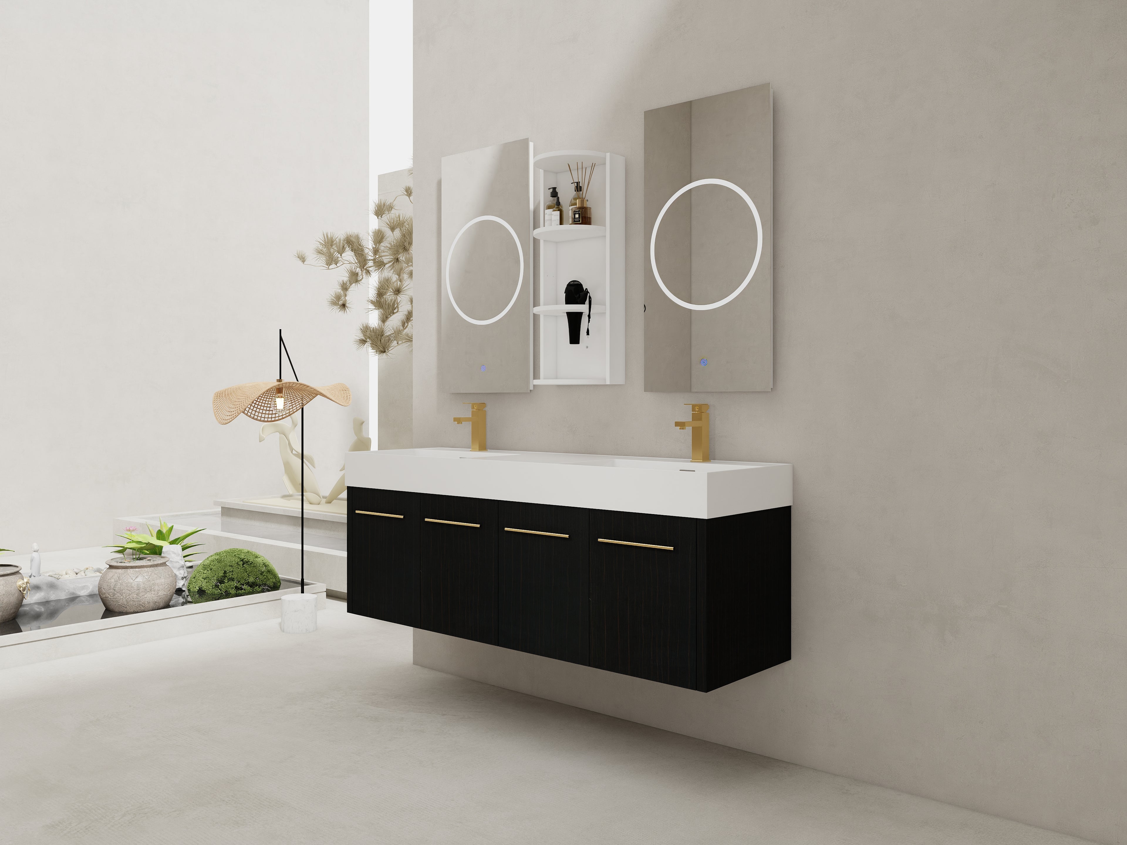 60 Inch Wall-Mounted Bathroom Vanity with Sink and Storage Rack