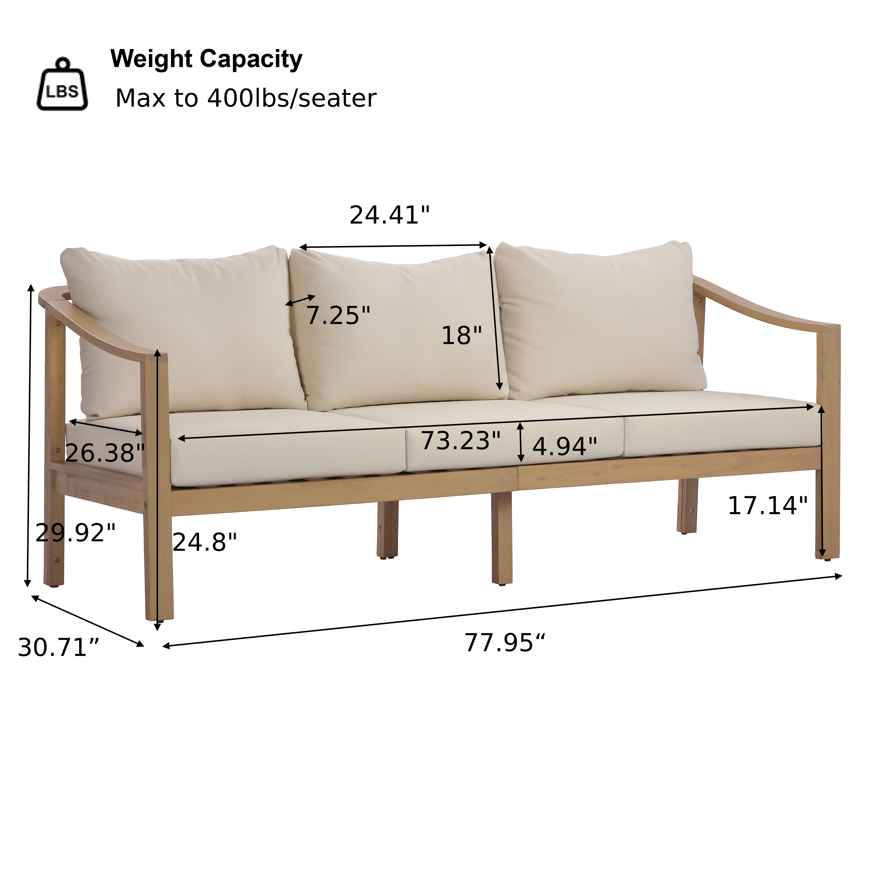 77.95" Outdoor Acacia Wood Frame Three-Seater Sofa