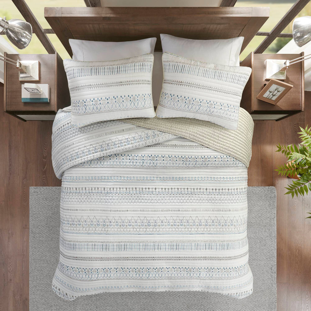 3 Piece Seersucker Quilt Set Taupe/Blue Full/Queen