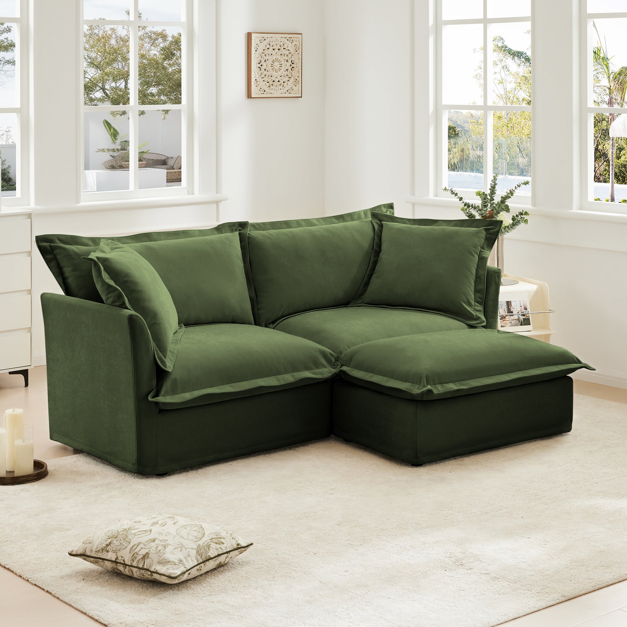 Slipcovered Sectional 2 Seater Sofa Couch with Convertible Ottoman