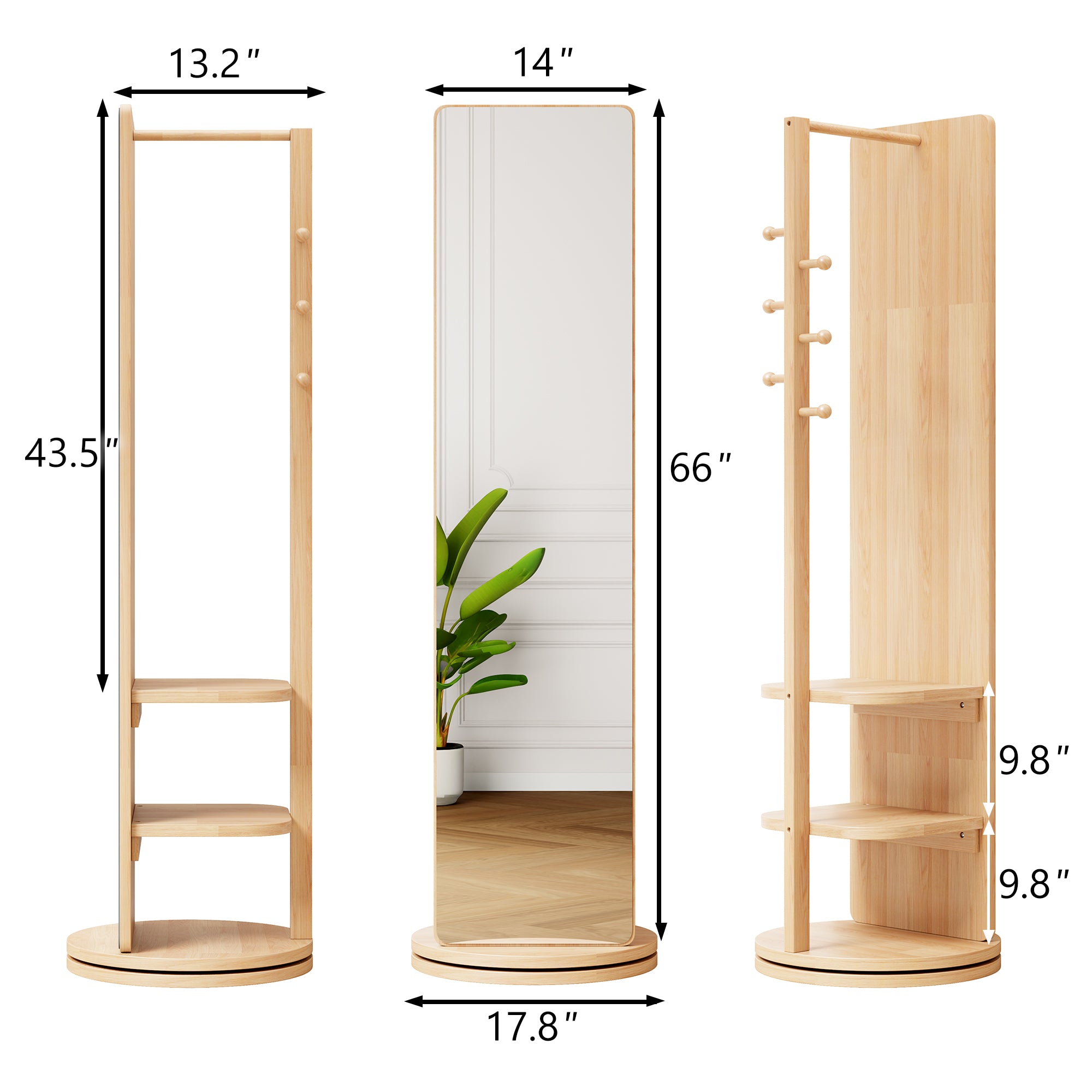 360° Rotating Multifunctional Full Length Mirror with Hook Storage Rack