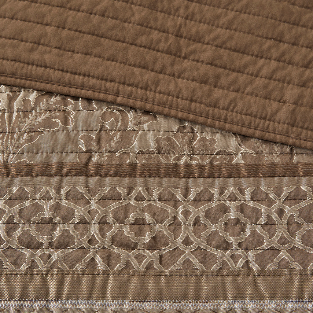 6 Piece Jacquard Quilt Set with Throw Pillows Brown/Gold King/Cal King
