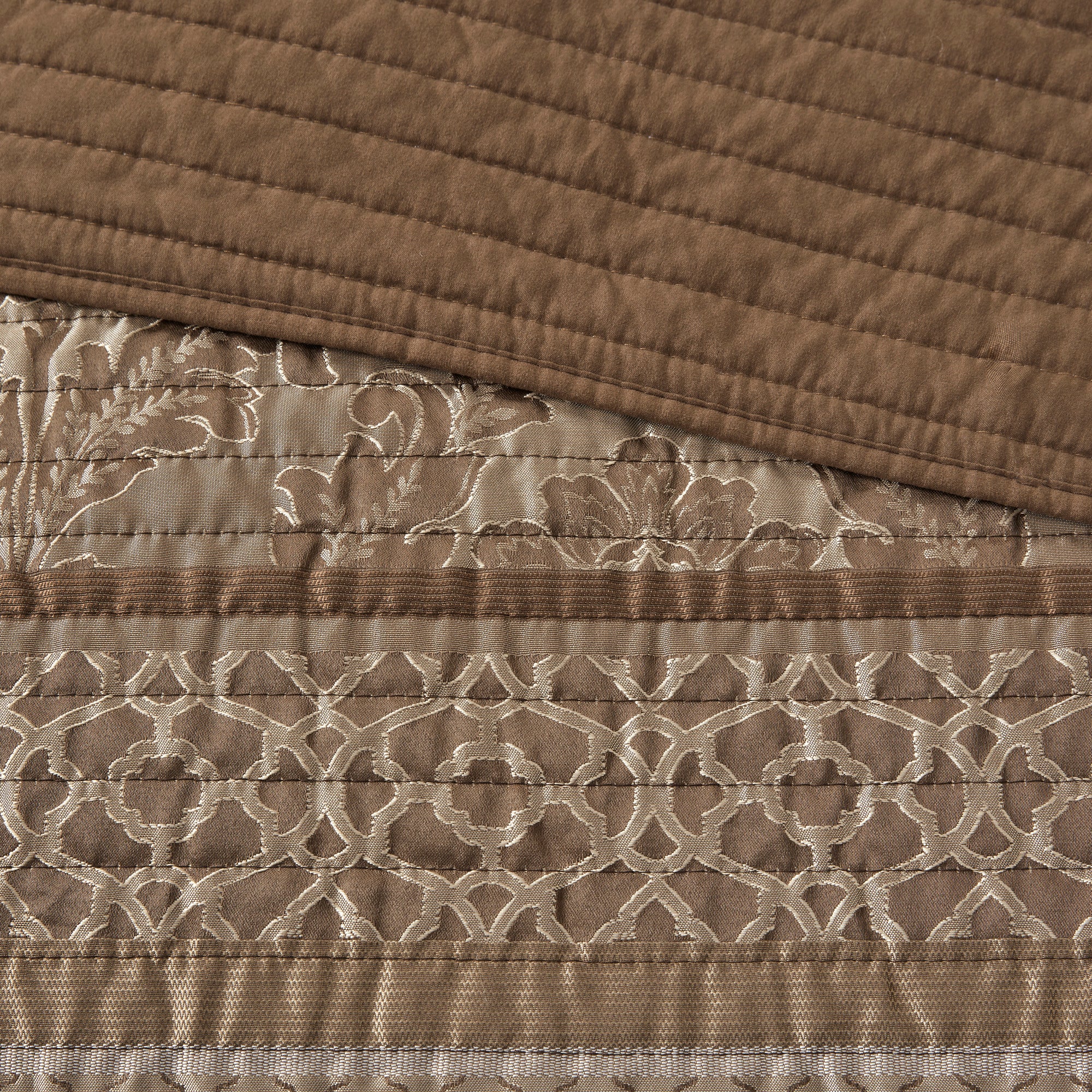 6 Piece Jacquard Quilt Set with Throw Pillows Brown/Gold King/Cal King