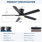 52" Modern Farmhouse Ceiling Fan with Dimmable Light