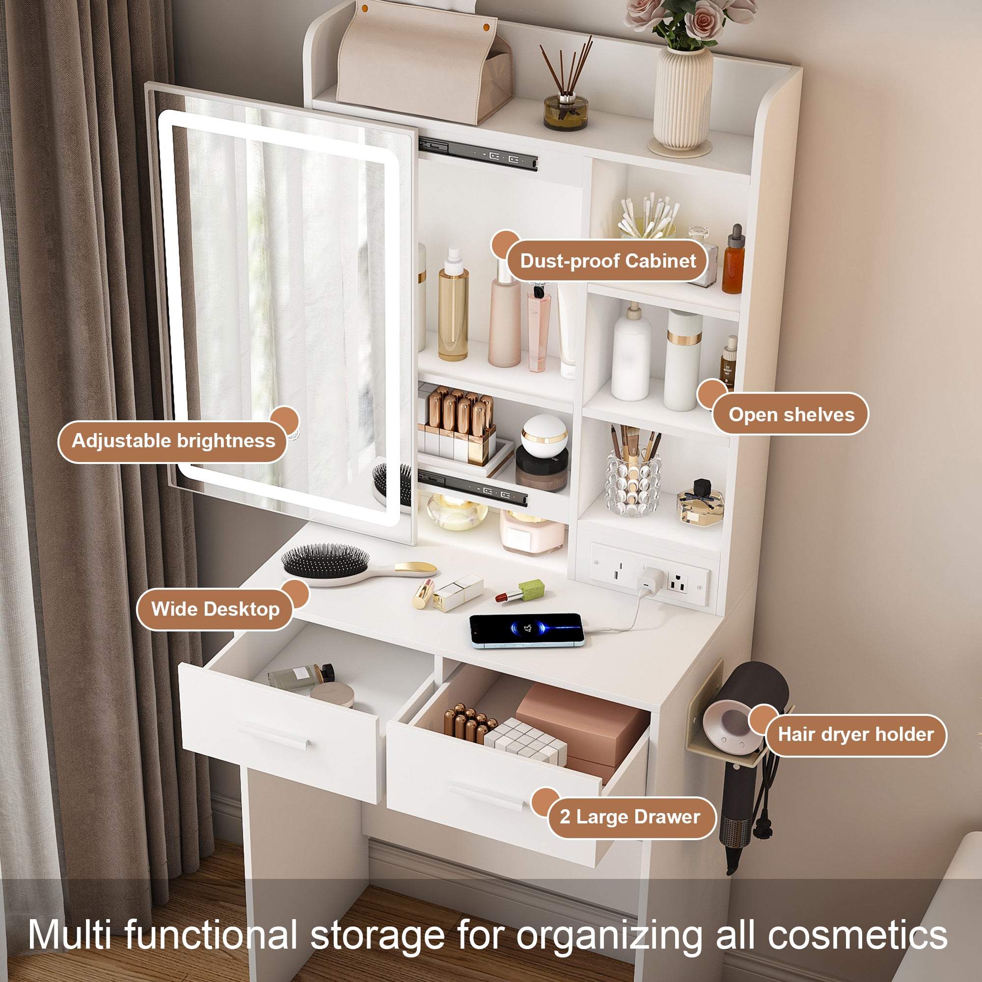 Small Makeup Vanity Desk with Mirror & Adjustable LED Lights