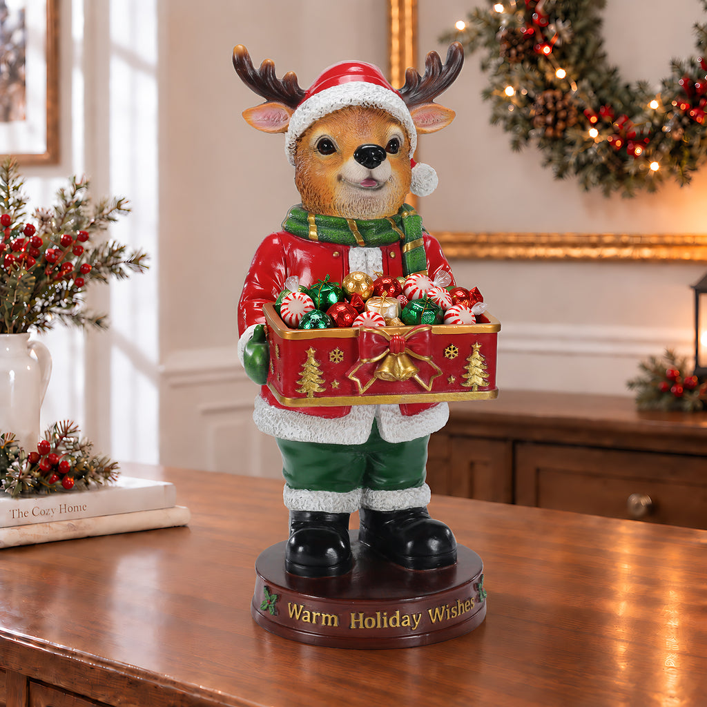 Christmas Reindeer Statue with Storage Tray, Red Resin, 18.5 Inches Tall