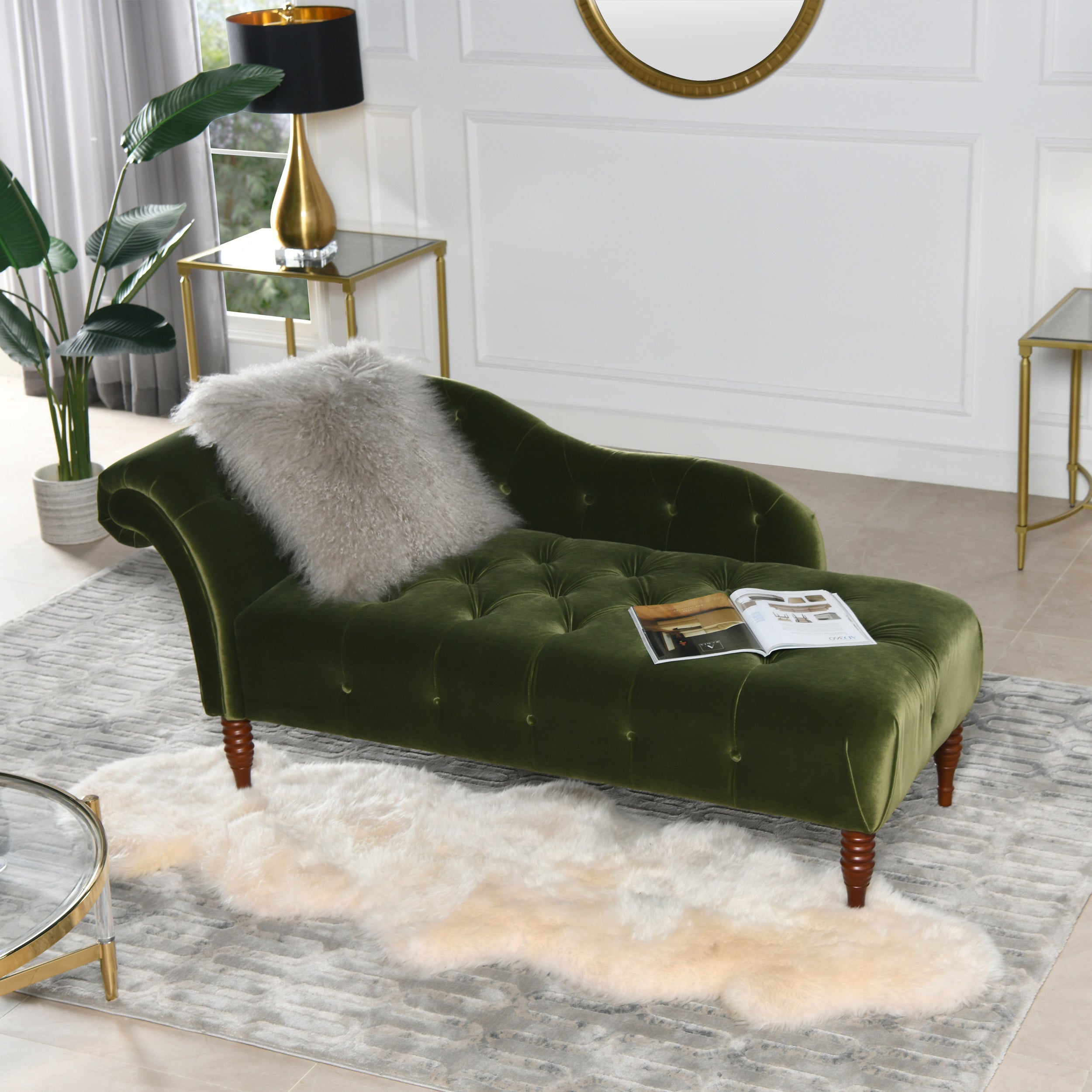Samuel Tufted Roll Arm Chaise Lounge, Olive