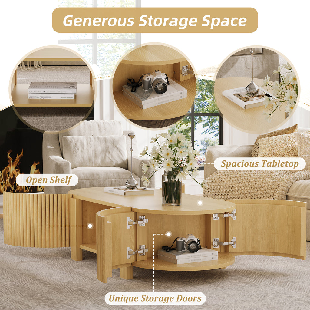 Oval Fluted Coffee Table with Storage for Living Room