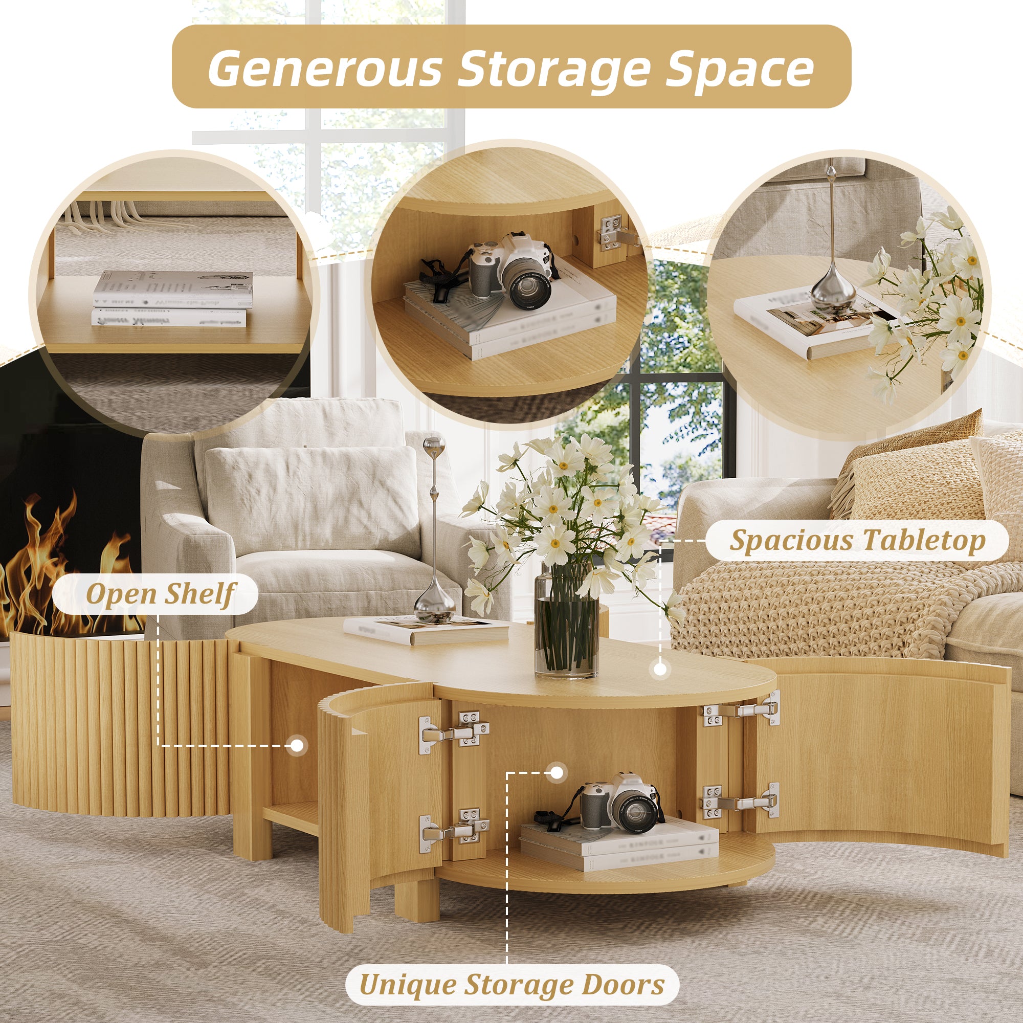 Oval Fluted Coffee Table with Storage for Living Room