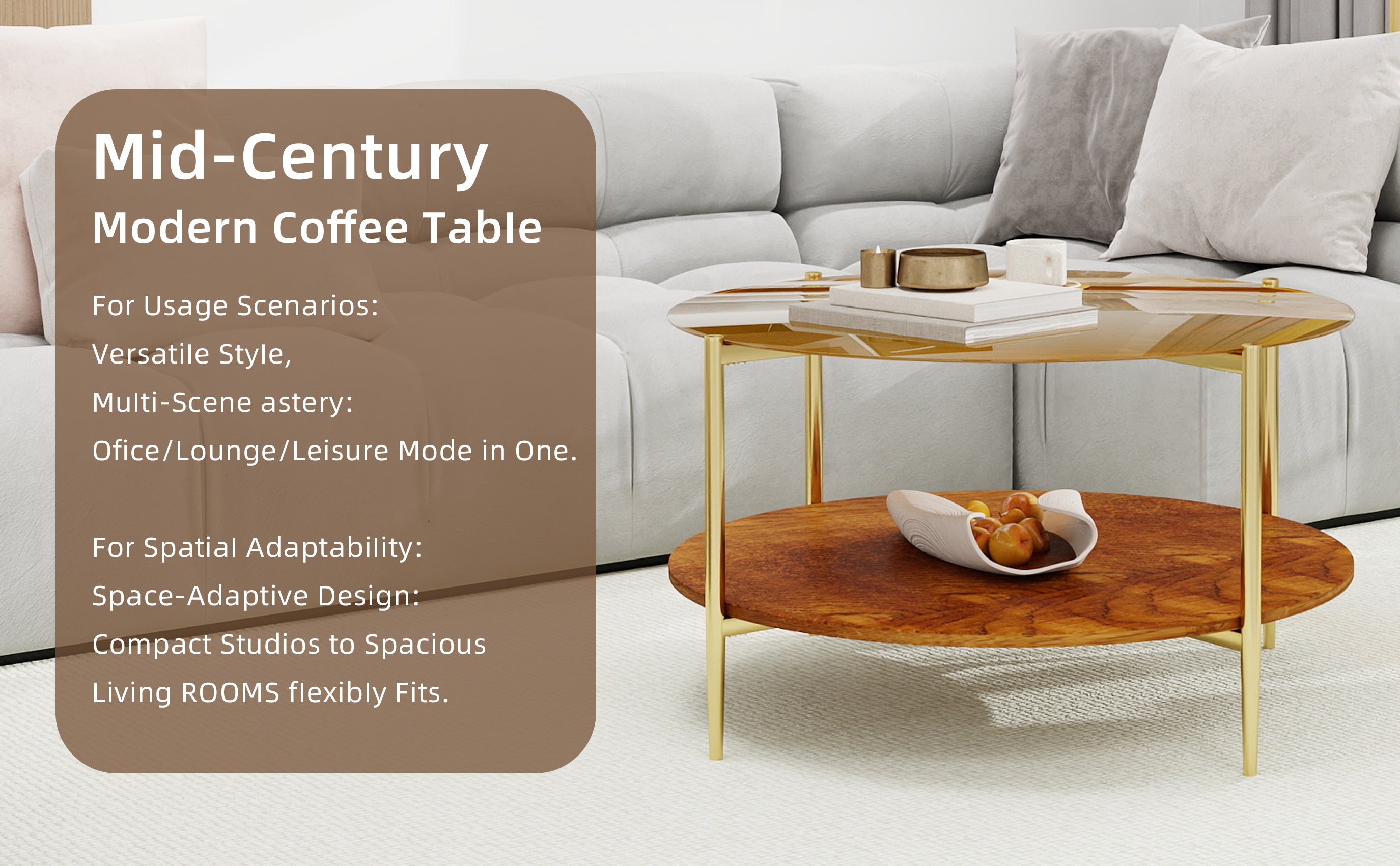 Luxurious Round Coffee Table with Gold-Tinted Tempered Glass Top