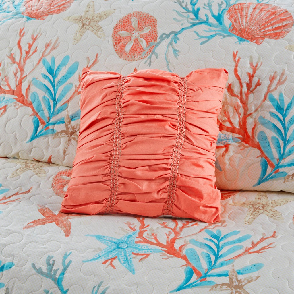 6 Piece Cotton Sateen Quilt Set with Throw Pillows - Coral Full/Queen