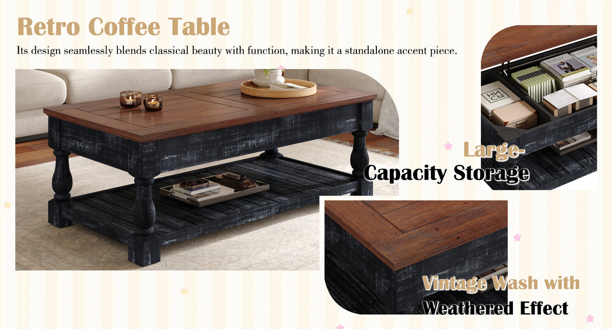 Retro Lift-Top Coffee Table with Hidden Storage and Lower Shelf, Antique Black