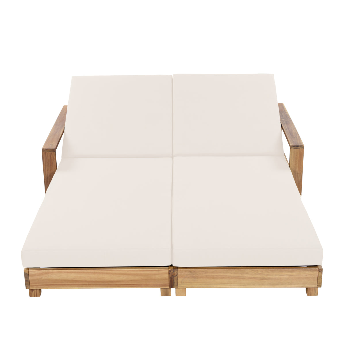 Double Acacia Wood Chaise Lounge Set, 1 Double Recliner with 2 Pieces 2-Fold