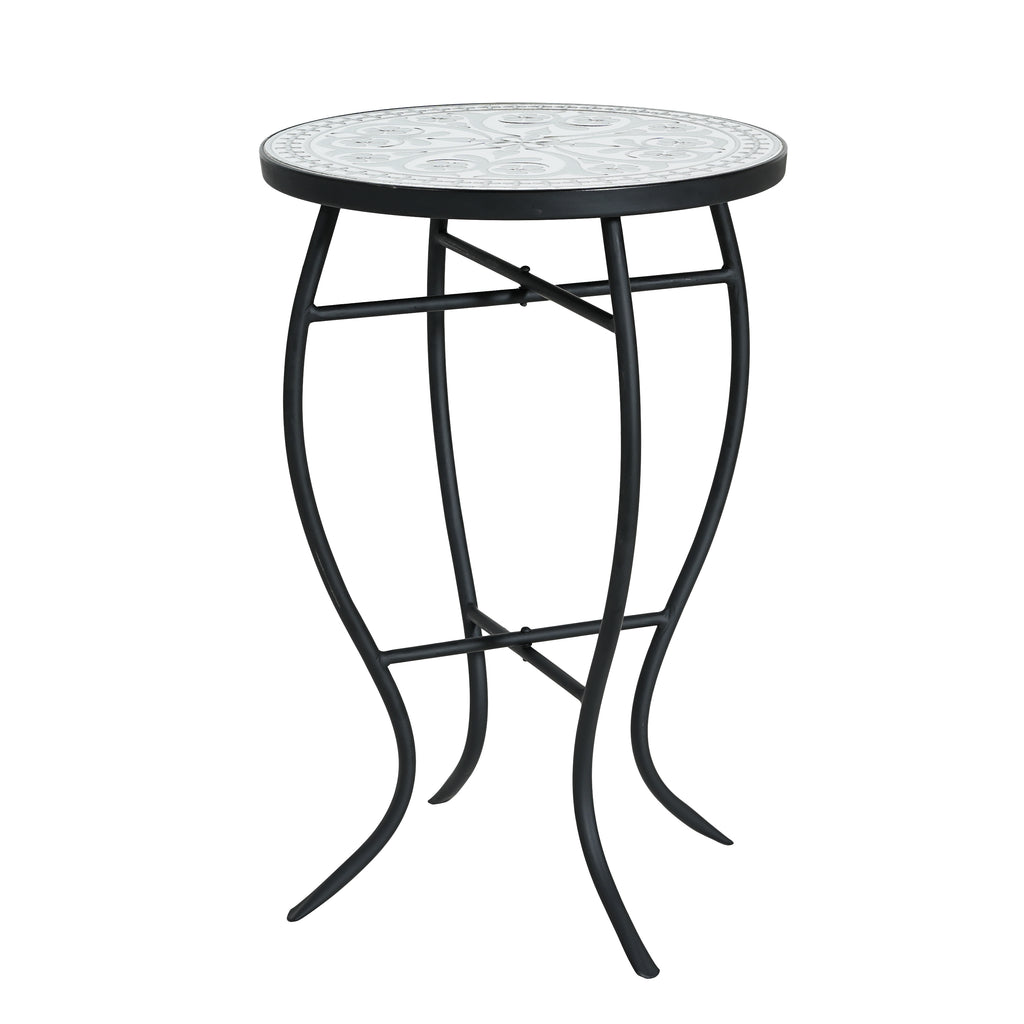 Outdoor Round Side Table with Mosaic-Style Top and Curved Iron Legs