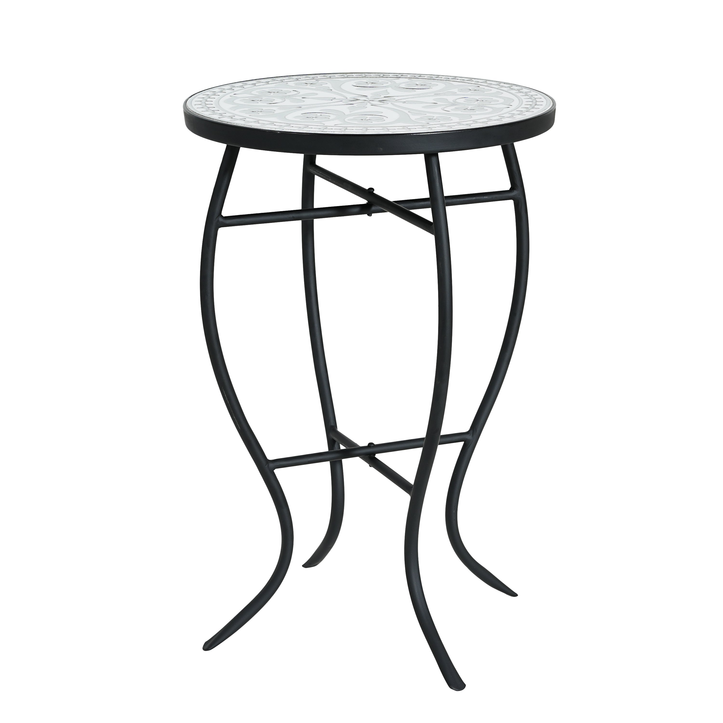 Outdoor Round Side Table with Mosaic-Style Top and Curved Iron Legs
