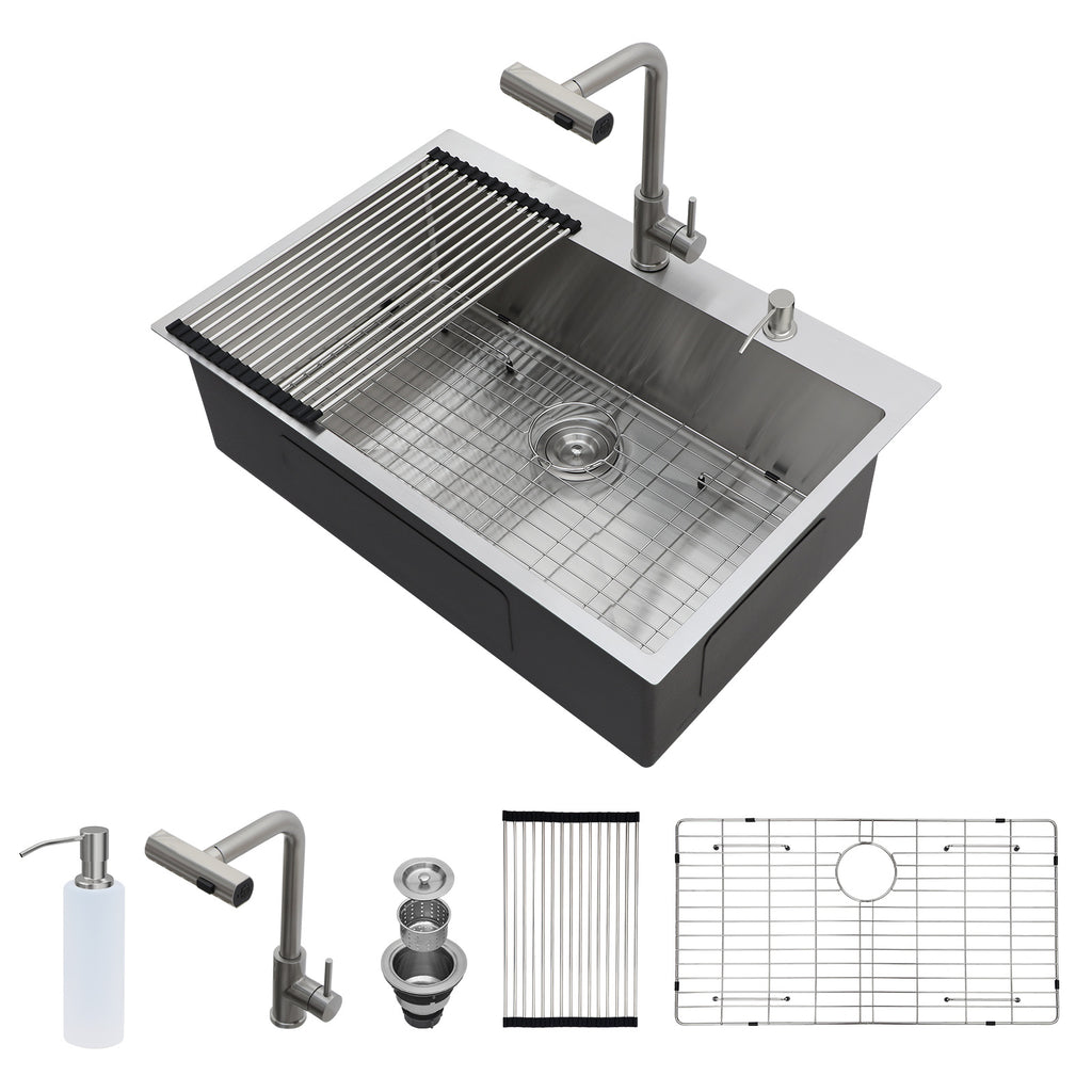 33" Drop-In Kitchen Sink with Pull-Out Faucet and Soap Dispenser
