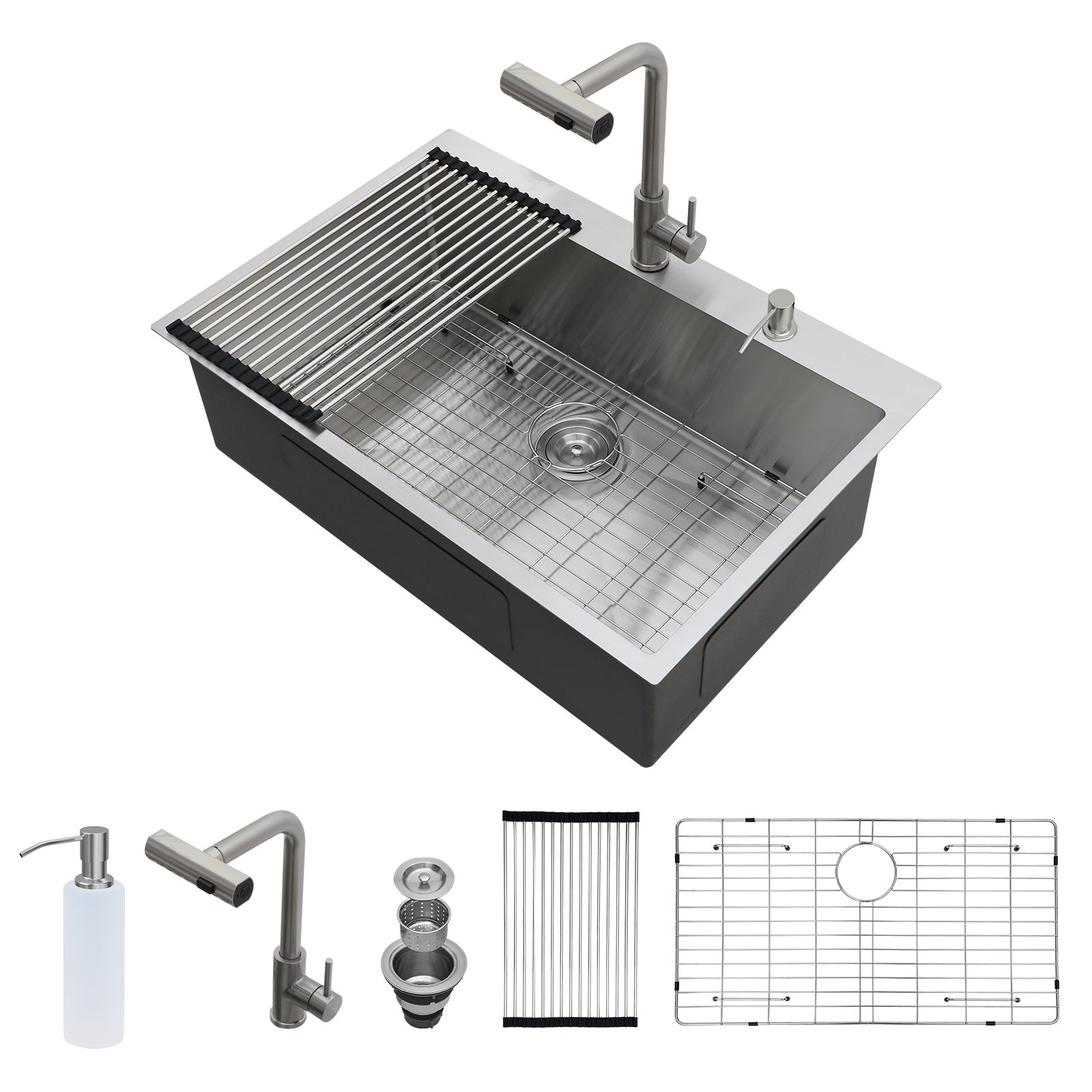 33" Drop-In Kitchen Sink with Pull-Out Faucet and Soap Dispenser