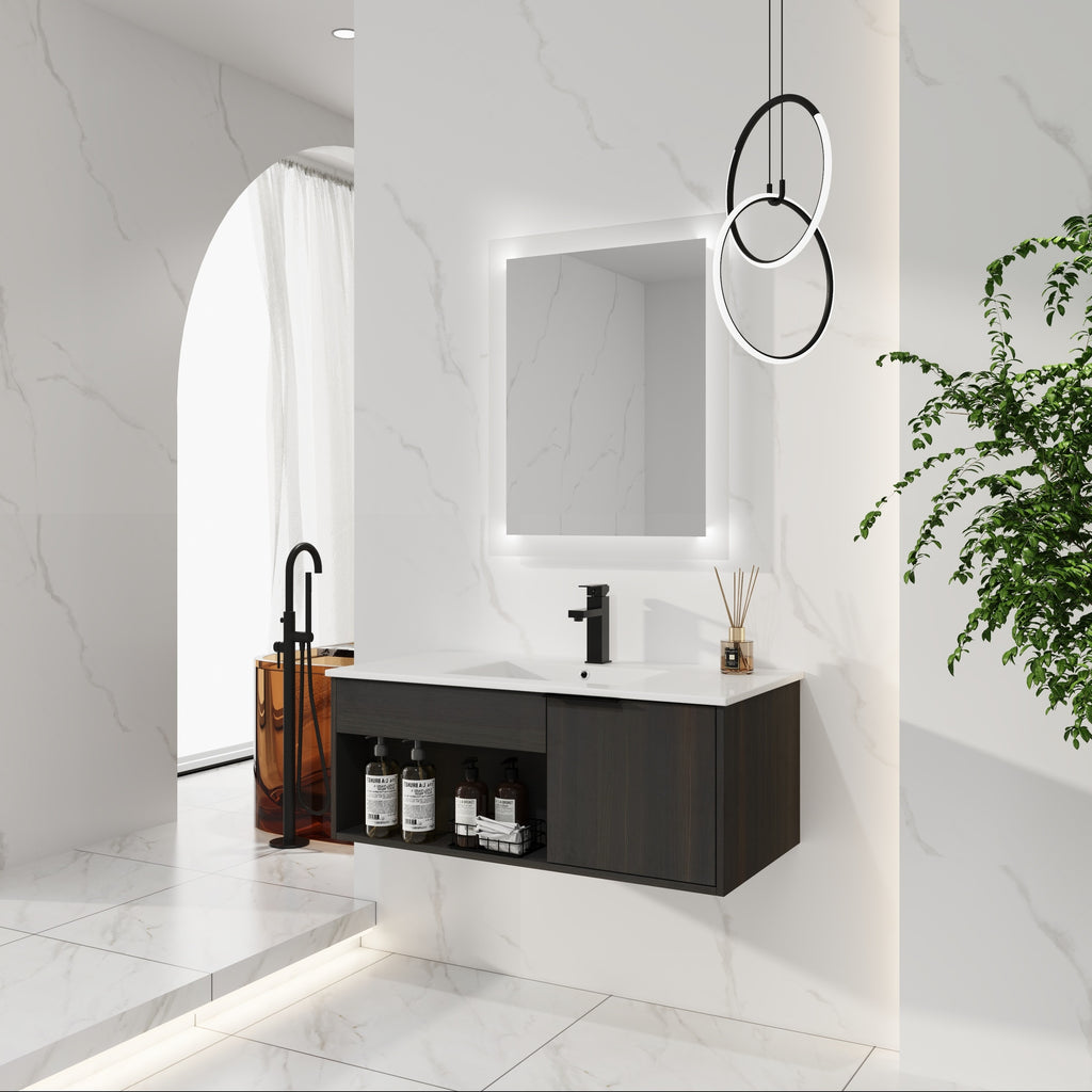36" Wall-Mounted Floating Bathroom Vanity with Ceramic Sink – Modern Dark
