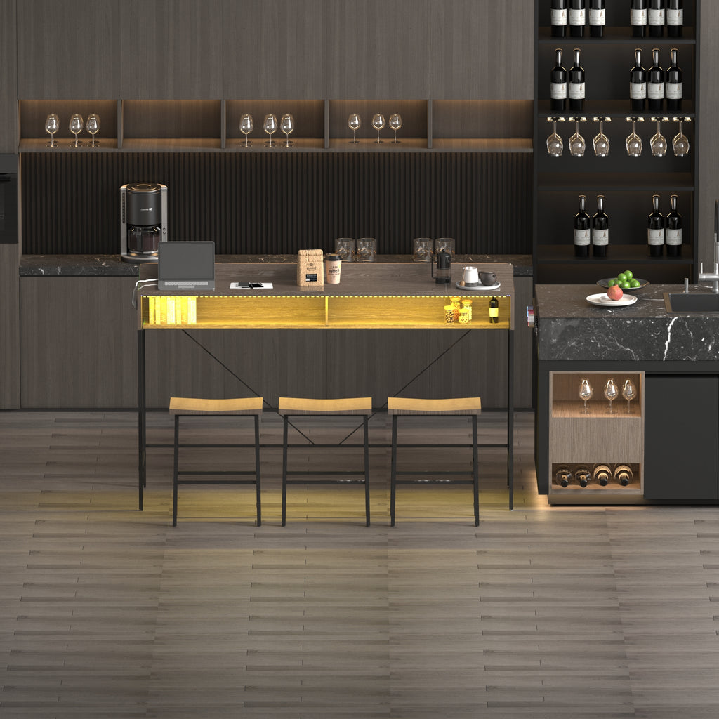 59 Inch Bar Table with Power Socket and LED Light Set