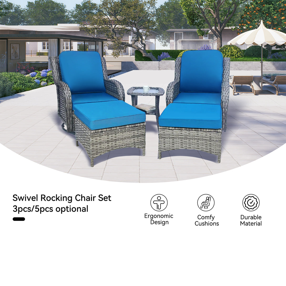 5-Piece Wicker Patio Sectional Set with Swivel Rockers, Ottomans, and Side Table