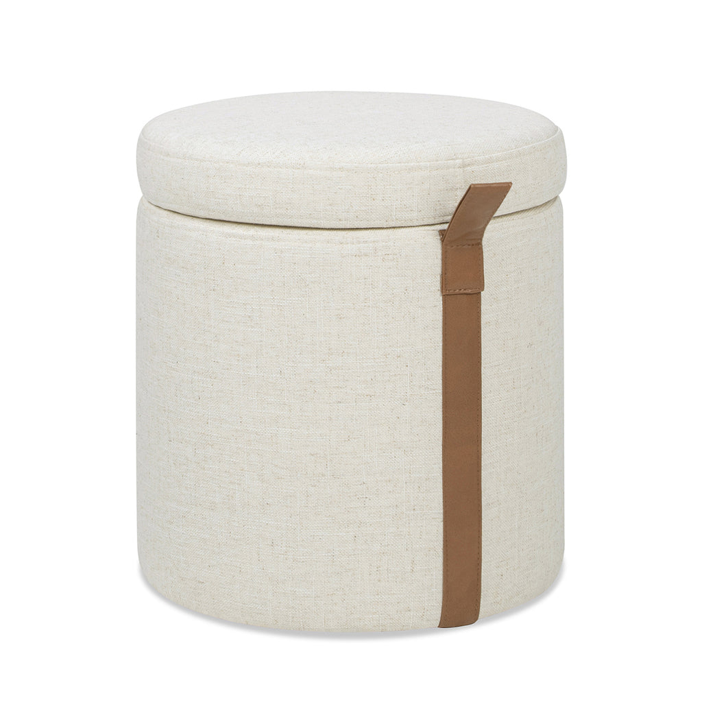 Brandy 14" Round Upholstered Storage Ottoman with Leather Accent