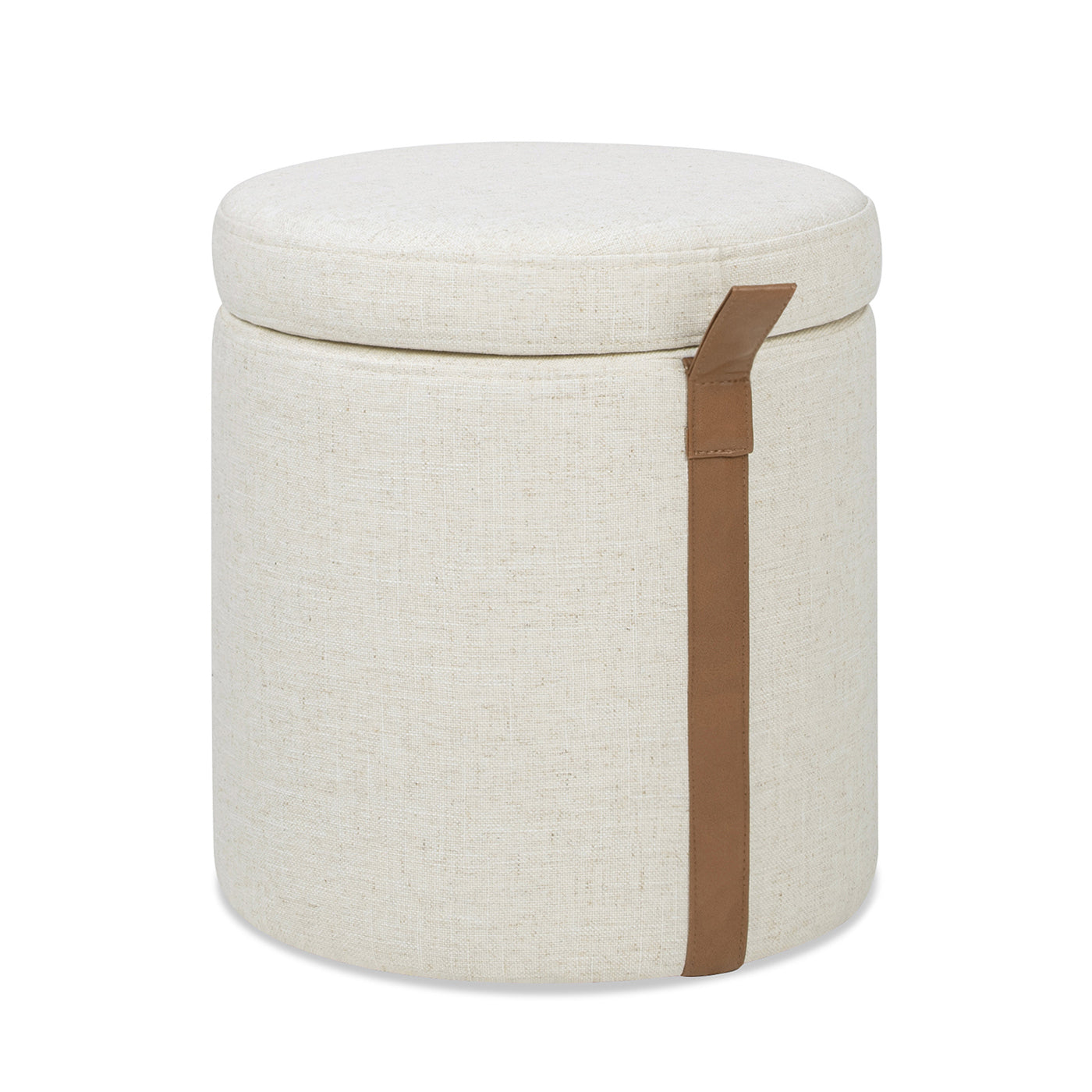 Brandy 14" Round Upholstered Storage Ottoman with Leather Accent