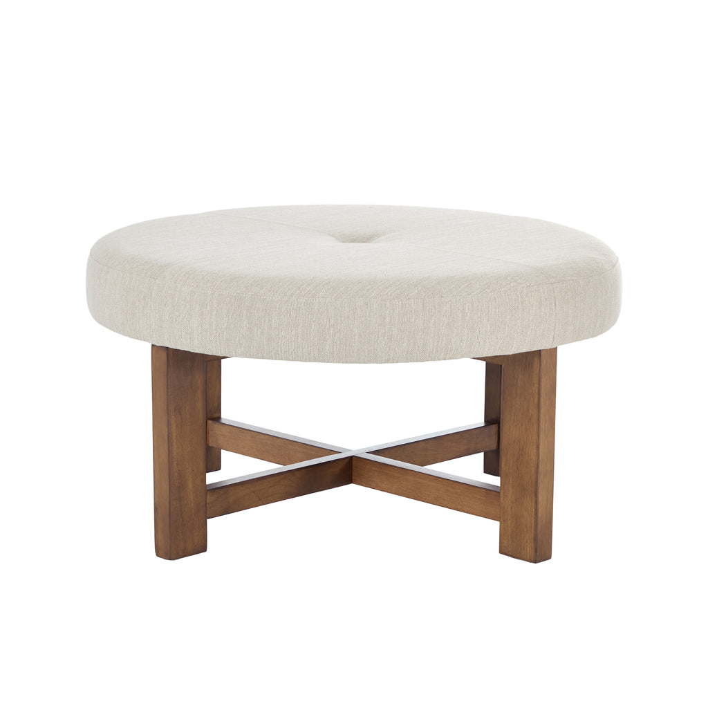 Beige Fabric Round Ottoman with Solid Wood Cross Base