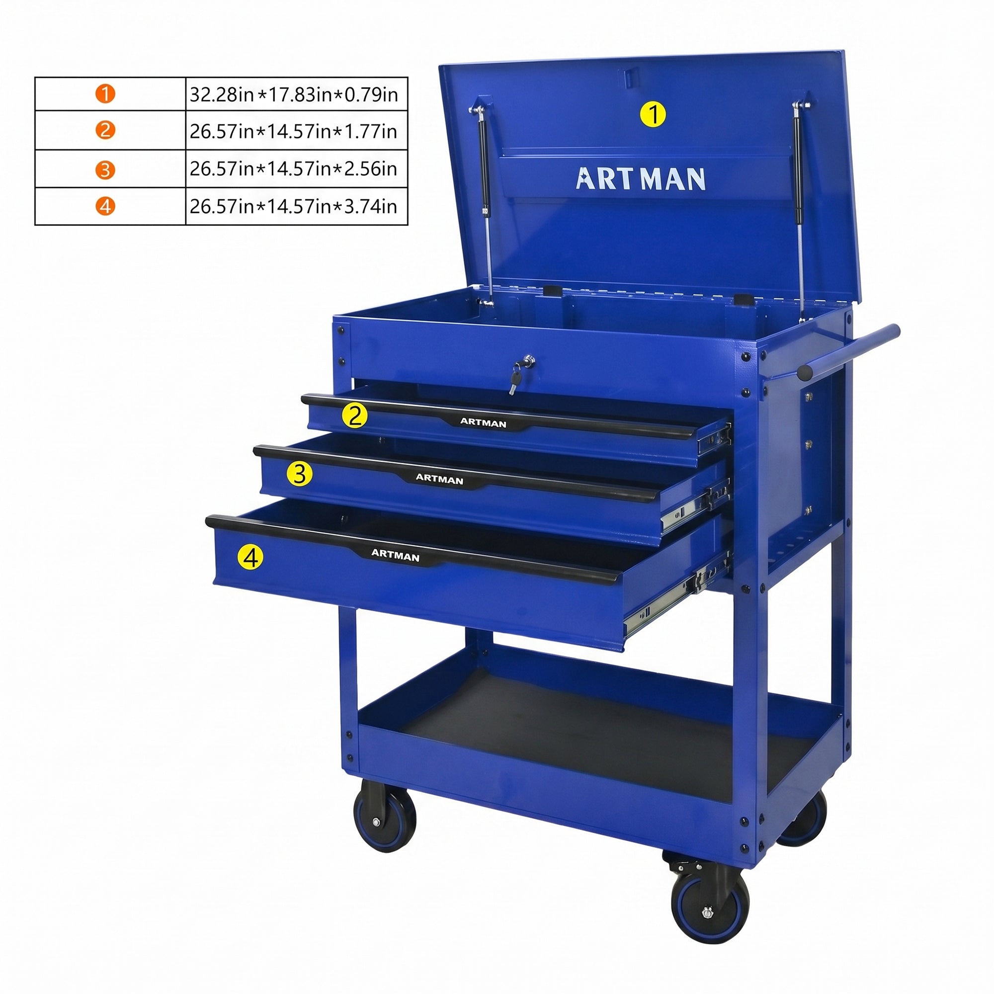 3 Drawers Multifunctional Tool Cart with Wheels and Steel Top