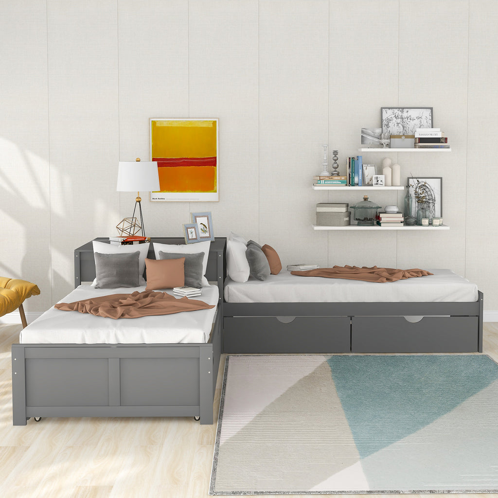 L-Shaped Platform Bed with Trundle and Built-In Desk - Gray