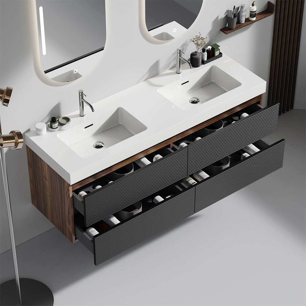 Grace 60-Inch Wall-Mounted Bathroom Vanity, Walnut and Black, Double Sink