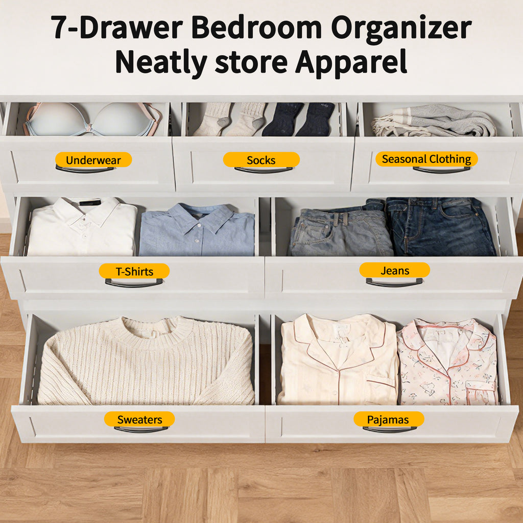 7-Drawer Dresser, Wide Low-Profile Storage Cabinet
